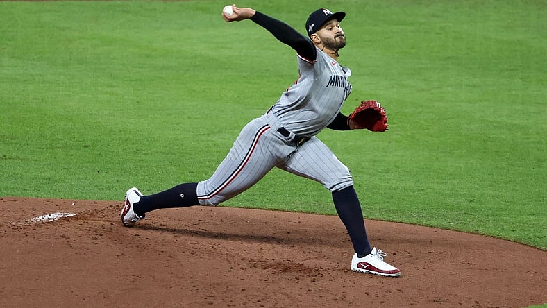 Oct 8, 2023; Houston, Texas, USA; Minnesota Twins starting pitcher Pablo Lopez (49) throws a pitch against the Houston Astros in the first inning for game two of the ALDS for the 2023 MLB playoffs at Minute Maid Park. Mandatory Credit: Thomas Shea-USA TODAY Sports