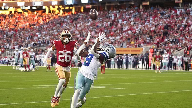 Oct 8, 2023; Santa Clara, California, USA; Dallas Cowboys wide receiver KaVontae Turpin (9) catches a touchdown pass against San Francisco 49ers cornerback Isaiah Oliver (26) during the second quarter at Levi's Stadium. Mandatory Credit: Darren Yamashita-USA TODAY Sports