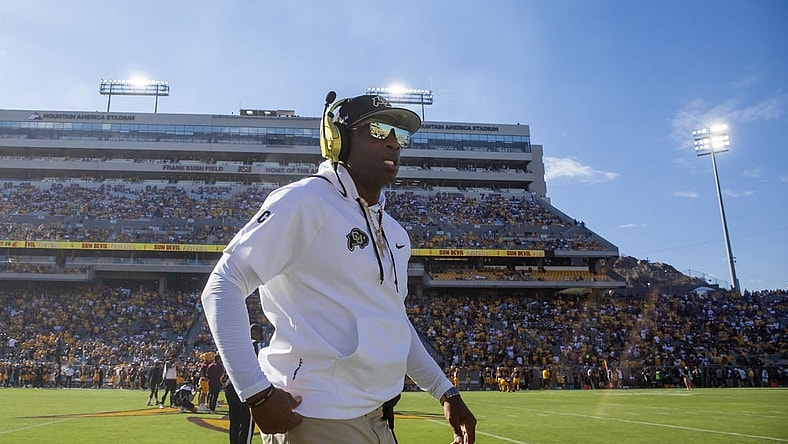 Oct 7, 2023; Tempe, Arizona, USA; Colorado Buffaloes head coach Deion Sanders against the Arizona State Sun Devils at Mountain America Stadium. Mandatory Credit: Mark J. Rebilas-USA TODAY Sports