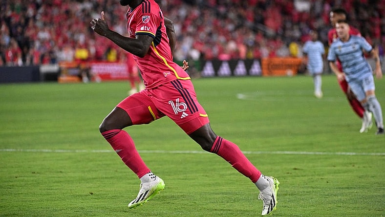 Sep 30, 2023; St. Louis, Missouri, USA; St. Louis City forward Samuel Adeniran (16) runs against Sporting Kansas City in the second half at CITYPARK. Mandatory Credit: Joe Puetz-USA TODAY Sports