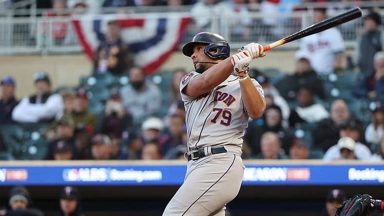 Oct 10, 2023; Minneapolis, Minnesota, USA; Houston Astros first baseman Jose Abreu (79) hits a two-run home-run in the ninth inning against the Minnesota Twins during game three of the ALDS for the 2023 MLB playoffs at Target Field. Mandatory Credit: Jesse Johnson-USA TODAY Sports