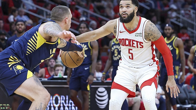 Oct 10, 2023; Houston, Texas, USA; Houston Rockets guard Fred VanVleet (5) dribbles the ball during the game against the Indiana Pacers at Toyota Center. Mandatory Credit: Troy Taormina-USA TODAY Sports