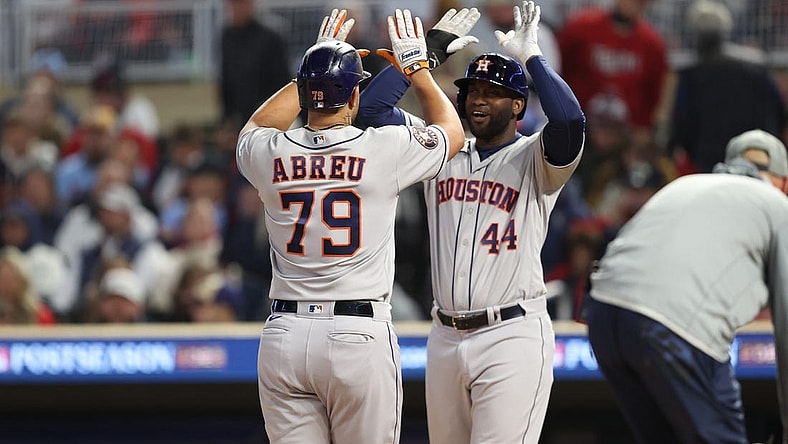 Oct 11, 2023; Minneapolis, Minnesota, USA; Houston Astros first baseman Jose Abreu (79) celebrates hitting a two-run home-run with left fielder Yordan Alvarez (44) in the fourth inning against the Minnesota Twins during game four of the ALDS for the 2023 MLB playoffs at Target Field. Mandatory Credit: Jesse Johnson-USA TODAY Sports
