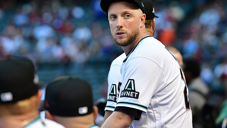 Oct 11, 2023; Phoenix, Arizona, USA; Arizona Diamondbacks starting pitcher Merrill Kelly (29) before game three of the NLDS for the 2023 MLB playoffs against the Los Angeles Dodgers at Chase Field. Mandatory Credit: Matt Kartozian-USA TODAY Sports