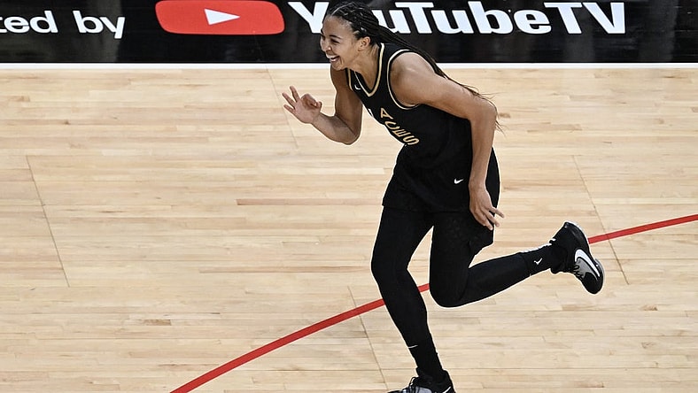 Oct 11, 2023; Las Vegas, Nevada, USA; Las Vegas Aces center Kiah Stokes (41) celebrates hitting a 3-point shot in the first half of the game against the New York Liberty during game two of the 2023 WNBA Finals at Michelob Ultra Arena. Mandatory Credit: Candice Ward-USA TODAY Sports