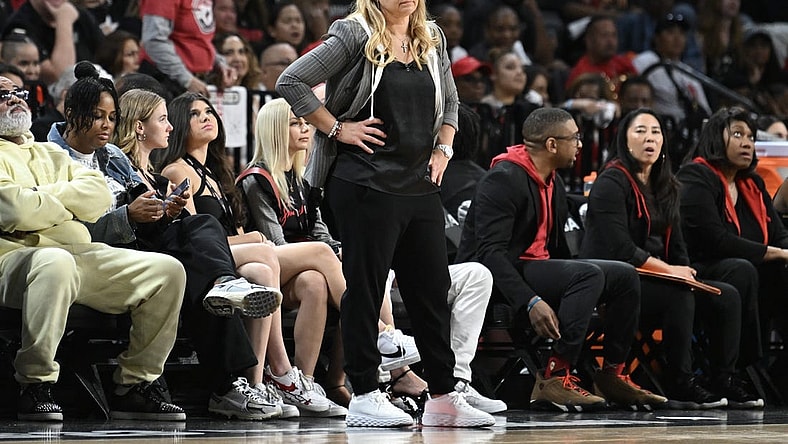 Oct 11, 2023; Las Vegas, Nevada, USA; Las Vegas Aces head coach Becky Hammon looks up the court during the first half of the game against the New York Liberty during game two of the 2023 WNBA Finals at Michelob Ultra Arena. Mandatory Credit: Candice Ward-USA TODAY Sports