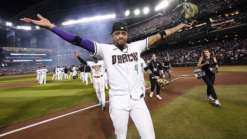 Oct 11, 2023; Phoenix, AZ, USA; Arizona Diamondbacks Ketel Marte celebrates after sweeping the Los Angeles Dodgers 3-0 to win the NLDS at Chase Field. Mandatory Credit: Rob Schumacher-Arizona Republic
