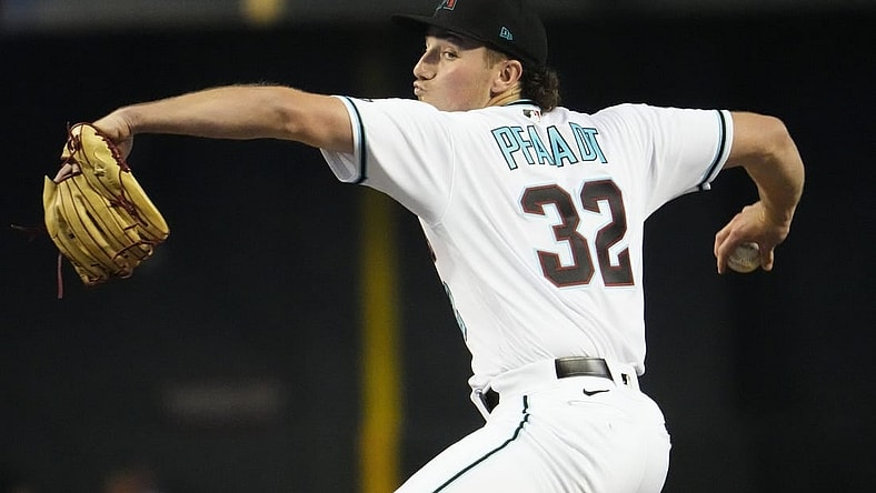 Arizona Diamondbacks starting pitcher Brandon Pfaadt (32) throws to the Los Angeles Dodgers in the first inning during Game 3 of the NLDS at Chase Field in Phoenix on Oct. 11, 2023.