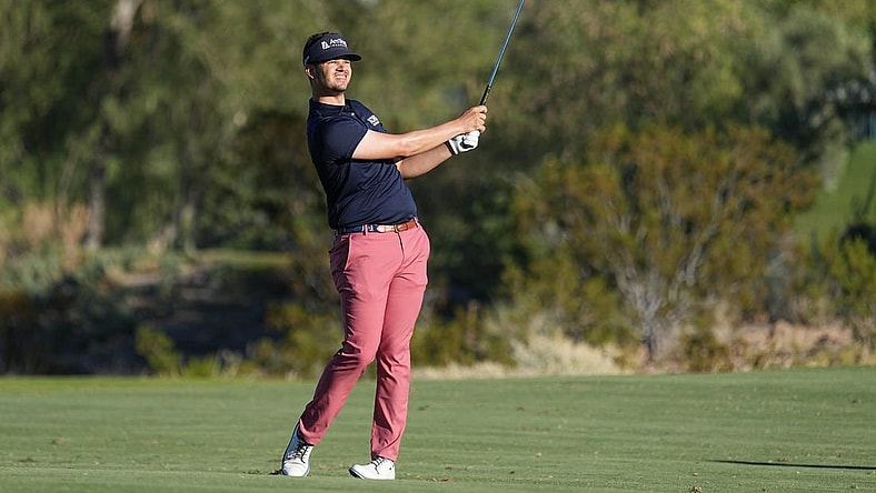 Oct 12, 2023; Las Vegas, Nevada, USA; Beau Hossler hits from the fairway on the eighteenth hole during the first round of the Shriners Children's Open golf tournament at TPC Summerlin. Mandatory Credit: Ray Acevedo-USA TODAY Sports