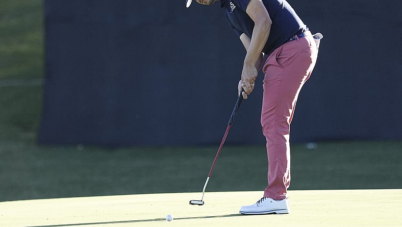 Oct 12, 2023; Las Vegas, Nevada, USA; Beau Hossler putts for birdie on the eighteenth green during the first round of the Shriners Children's Open golf tournament at TPC Summerlin. Mandatory Credit: Ray Acevedo-USA TODAY Sports