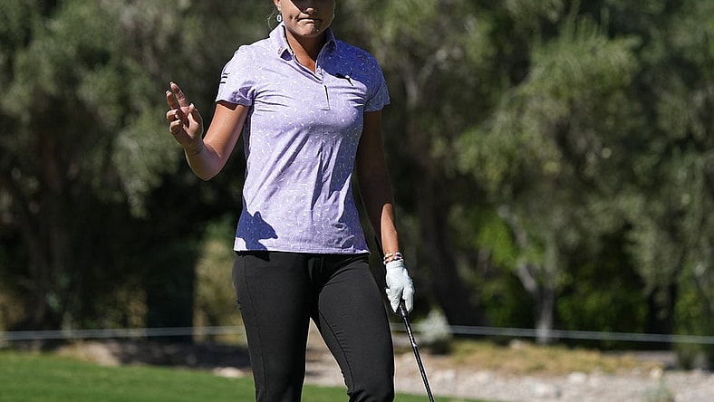 Oct 12, 2023; Las Vegas, Nevada, USA; Lexi Thompson reacts after her birdie on the second hole during the first round of the Shriners Children's Open golf tournament at TPC Summerlin. Mandatory Credit: Ray Acevedo-USA TODAY Sports