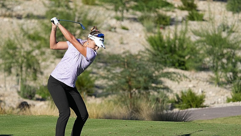 Oct 12, 2023; Las Vegas, Nevada, USA; Lexi Thompson hits her tee shot on the eighth hole during the first round of the Shriners Children's Open golf tournament at TPC Summerlin. Mandatory Credit: Ray Acevedo-USA TODAY Sports