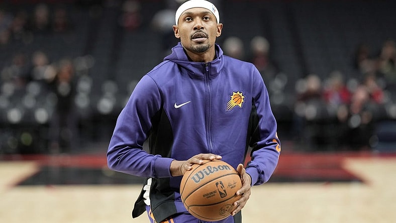 Oct 12, 2023; Portland, Oregon, USA; Phoenix Suns shooting guard Bradley Beal (3) warms up prior to a game against the Portland Trail Blazers at Moda Center. Mandatory Credit: Soobum Im-USA TODAY Sports