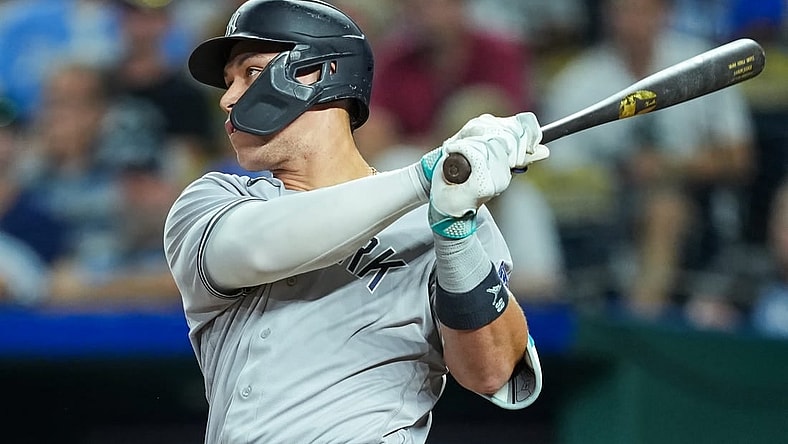 Sep 30, 2023; Kansas City, Missouri, USA; New York Yankees designated hitter Aaron Judge (99) bats during the eighth inning against the Kansas City Royals at Kauffman Stadium. Mandatory Credit: Jay Biggerstaff-USA TODAY Sports
