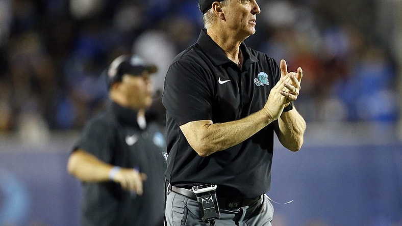 Oct 13, 2023; Memphis, Tennessee, USA; Tulane Green Wave head coach Willie Fritz watches from the sideline during the second half at Simmons Bank Liberty Stadium. Mandatory Credit: Petre Thomas-USA TODAY Sports