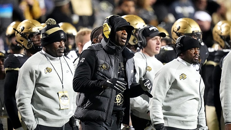 Oct 13, 2023; Boulder, Colorado, USA; Colorado Buffaloes head coach Deion Sanders calls out in the first quarter against the Stanford Cardinal at Folsom Field. Mandatory Credit: Ron Chenoy-USA TODAY Sports