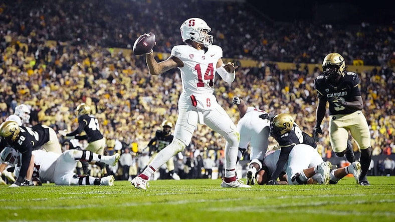 Oct 13, 2023; Boulder, Colorado, USA; Stanford Cardinal quarterback Ashton Daniels (14) prepares to pass in the third quarter against the Colorado Buffaloes at Folsom Field. Mandatory Credit: Ron Chenoy-USA TODAY Sports