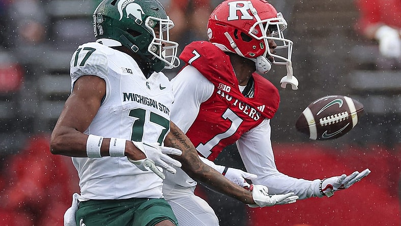 Oct 14, 2023; Piscataway, New Jersey, USA; Michigan State Spartans linebacker Aaron Brule (7) breaks up a pass intended for Michigan State Spartans wide receiver Tre Mosley (17) during the first half at SHI Stadium. Mandatory Credit: Vincent Carchietta-USA TODAY Sports