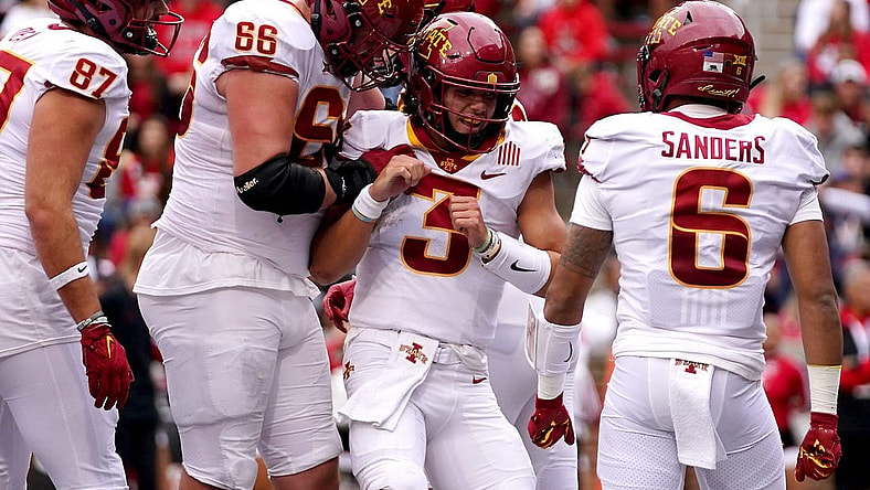 Iowa State Cyclones quarterback Rocco Becht (3) celebrates a touchdown score in the second quarter during a college football game between the Iowa State Cyclones and the Cincinnati Bearcats Saturday, Oct. 14, 2023, at Nippert Stadium win Cincinnati.