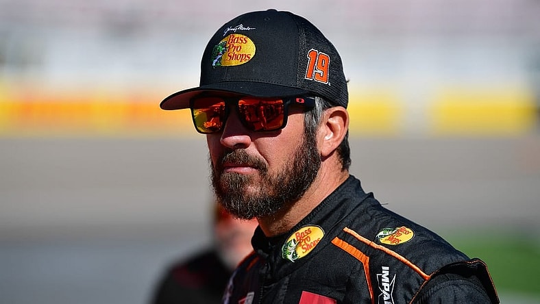 Oct 14, 2023; Las Vegas, Nevada, USA; NASCAR Cup Series driver Martin Truex Jr. (19) during qualifying for the South Point 400 at Las Vegas Motor Speedway. Mandatory Credit: Gary A. Vasquez-USA TODAY Sports