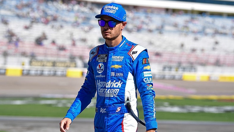 Oct 14, 2023; Las Vegas, Nevada, USA; NASCAR Cup Series driver Kyle Larson (5) during qualifying for the South Point 400 at Las Vegas Motor Speedway. Mandatory Credit: Gary A. Vasquez-USA TODAY Sports