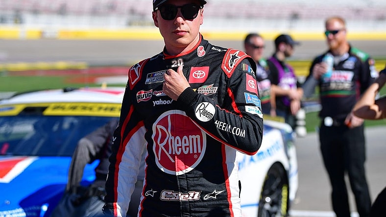 Oct 14, 2023; Las Vegas, Nevada, USA; NASCAR Cup Series driver Christopher Bell (20) during qualifying for the South Point 400 at Las Vegas Motor Speedway. Mandatory Credit: Gary A. Vasquez-USA TODAY Sports