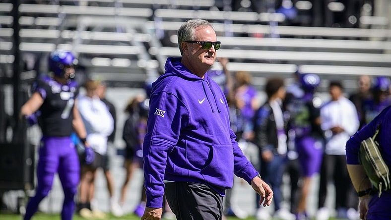 Oct 14, 2023; Fort Worth, Texas, USA; TCU Horned Frogs head coach Sonny Dykes walks the field before the game between the TCU Horned Frogs and the Brigham Young Cougars at Amon G. Carter Stadium. Mandatory Credit: Jerome Miron-USA TODAY Sports