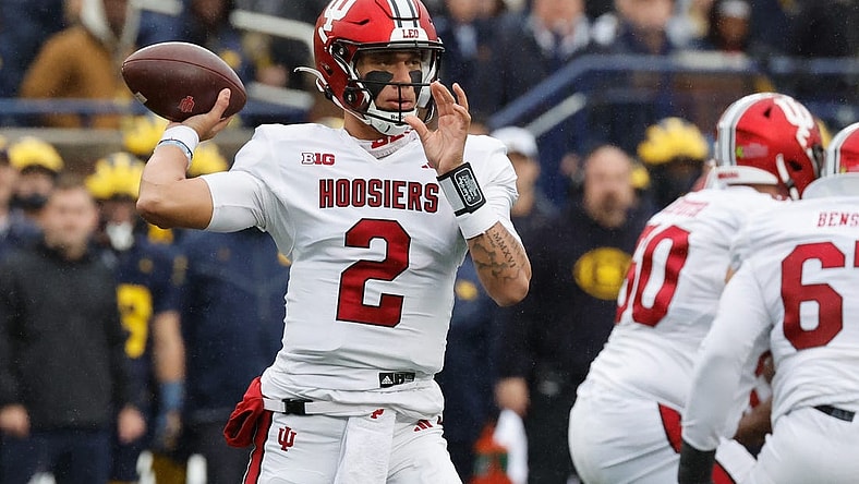 Oct 14, 2023; Ann Arbor, Michigan, USA; Indiana Hoosiers quarterback Tayven Jackson (2) passes in the first half against the Michigan Wolverines at Michigan Stadium. Mandatory Credit: Rick Osentoski-USA TODAY Sports
