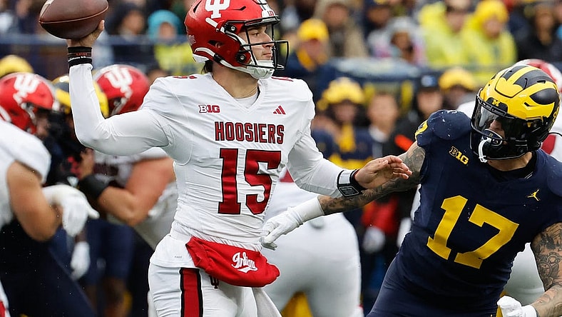 Oct 14, 2023; Ann Arbor, Michigan, USA; Indiana Hoosiers quarterback Brendan Sorsby (15) passes in the first half against the Michigan Wolverines at Michigan Stadium. Mandatory Credit: Rick Osentoski-USA TODAY Sports