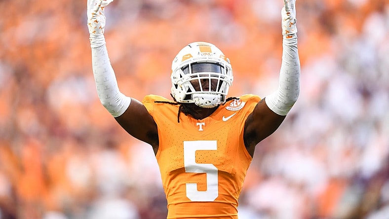 Oct 14, 2023; Knoxville, TN, USA; Tennessee defensive back Kamal Hadden (5) raises his hands in the air during a football game between Tennessee and Texas A&M at Neyland Stadium in Knoxville, Tenn., on Saturday, Oct. 14, 2023. Mandatory Credit: Saul Young-USA TODAY Sports