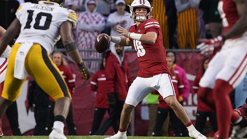 Oct 14, 2023; Madison, Wisconsin, USA; Wisconsin Badgers quarterback Braedyn Locke (18) throws against the Iowa Hawkeyes during the fourth quarter at Camp Randall Stadium. Mandatory Credit: Mark Hoffman-USA TODAY Sports