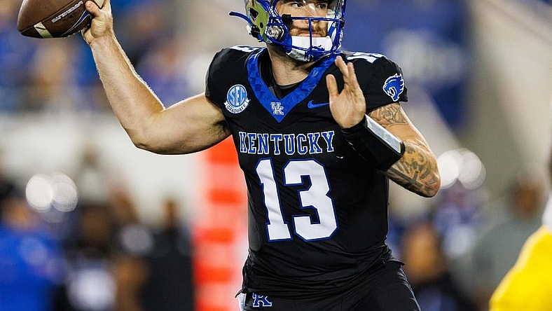 Oct 14, 2023; Lexington, Kentucky, USA; Kentucky Wildcats quarterback Devin Leary (13) throws a pass during the second quarter against the Missouri Tigers at Kroger Field. Mandatory Credit: Jordan Prather-USA TODAY Sports