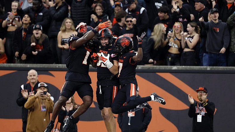 Oct 14, 2023; Corvallis, Oregon, USA; Oregon State Beavers tight end Jack Velling (88) celebrates with teammates after scoring a touchdown during the first half against the UCLA Bruins at Reser Stadium. Mandatory Credit: Soobum Im-USA TODAY Sports