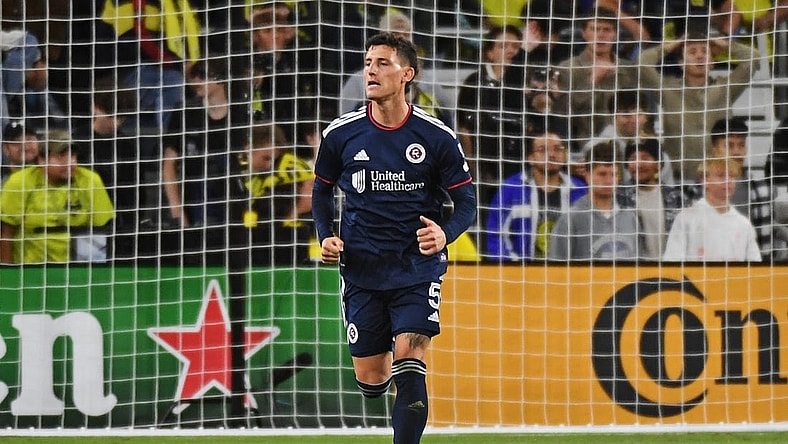 Oct 14, 2023; Nashville, Tennessee, USA; New England Revolution forward Tom s Chancalay (5) celebrates after scoring a goal against the Nashville SC during the second half at Geodis Park. Mandatory Credit: Christopher Hanewinckel-USA TODAY Sports