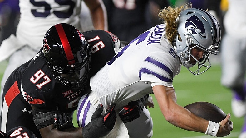 Kansas State's quarterback Avery Johnson (5) scores a touchdown against Texas Tech in a Big 12 conference football game, Saturday, Oct. 14, 2023, at Jones AT&T Stadium.
