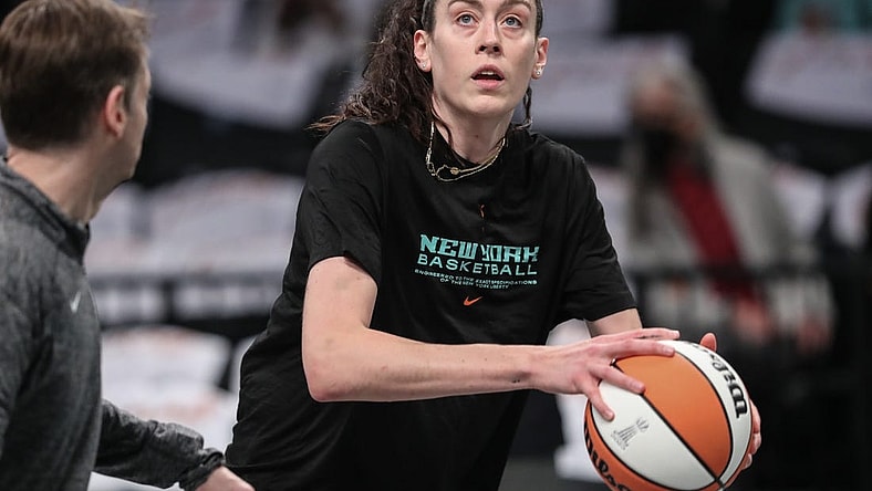 Oct 15, 2023; Brooklyn, New York, USA; New York Liberty forward Breanna Stewart (30) warms up prior to game three of the 2023 WNBA Finals against the Las Vegas Aces at Barclays Center. Mandatory Credit: Wendell Cruz-USA TODAY Sports