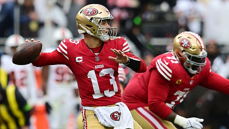 Oct 15, 2023; Cleveland, Ohio, USA; San Francisco 49ers quarterback Brock Purdy (13) throws a pass during the first half against the Cleveland Browns at Cleveland Browns Stadium. Mandatory Credit: Ken Blaze-USA TODAY Sports