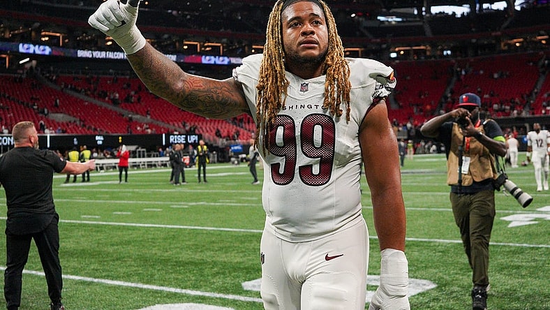Oct 15, 2023; Atlanta, Georgia, USA; Washington Commanders defensive end Chase Young (99) reacts after a game against the Atlanta Falcons at Mercedes-Benz Stadium. Mandatory Credit: Brett Davis-USA TODAY Sports