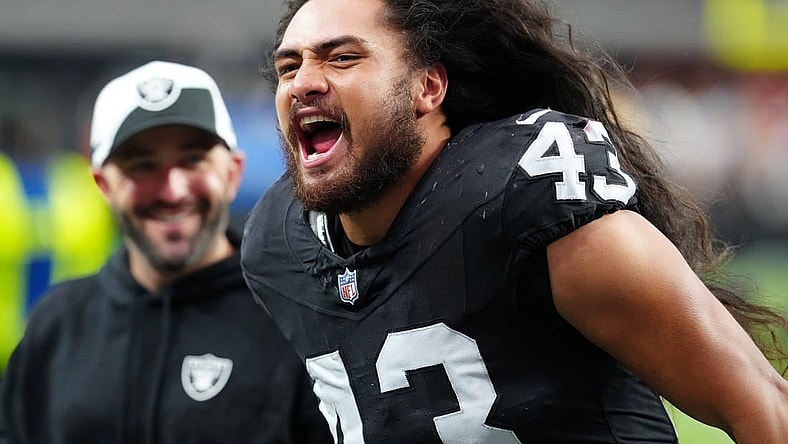 Oct 15, 2023; Paradise, Nevada, USA; Las Vegas Raiders linebacker Kana'i Mauga (43) celebrates after the Raiders defeated the New England Patriots 21-17 at Allegiant Stadium. Mandatory Credit: Stephen R. Sylvanie-USA TODAY Sports