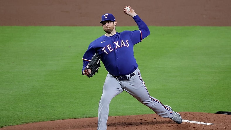 Oct 15, 2023; Houston, Texas, USA; Texas Rangers pitcher Jordan Montgomery (52) throws during the first inning of game one of the ALCS against the Houston Astros in the 2023 MLB playoffs at Minute Maid Park. Mandatory Credit: Erik Williams-USA TODAY Sports
