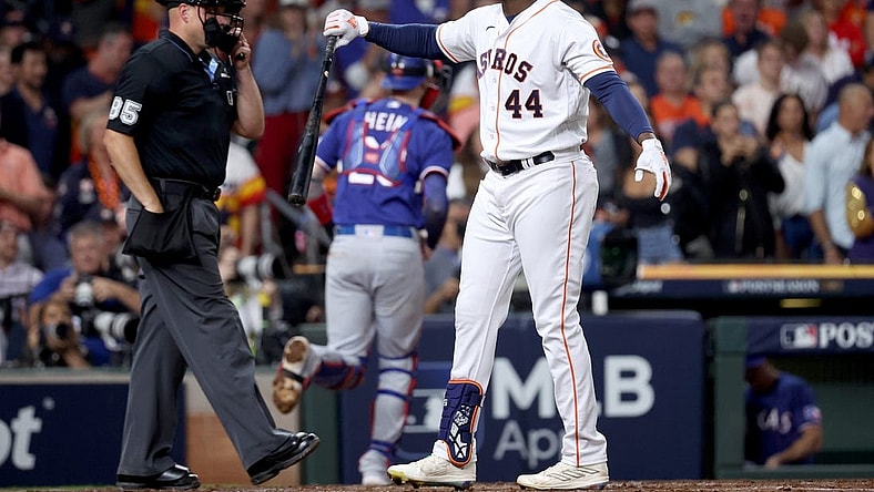 Oct 15, 2023; Houston, Texas, USA; Houston Astros left fielder Yordan Alvarez (44) reacts after a strikeout during the third inning of game one of the ALCS against the Texas Rangers in the 2023 MLB playoffs at Minute Maid Park. Mandatory Credit: Troy Taormina-USA TODAY Sports