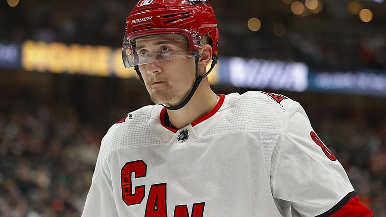 Oct 15, 2023; Anaheim, California, USA; Carolina Hurricanes center Martin Necas (88) looks on during the second period against the Anaheim Ducks at Honda Center. Mandatory Credit: Yannick Peterhans-USA TODAY Sports