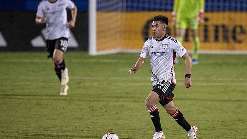 Oct 14, 2023; Frisco, TX, USA; FC Dallas forward Alan Velasco (20) in action during the game between FC Dallas and the Colorado Rapids at Toyota Stadium. Mandatory Credit: Jerome Miron-USA TODAY Sports