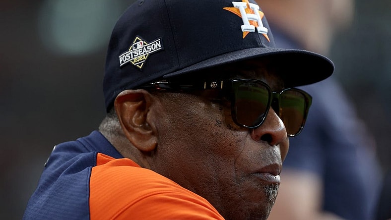 Oct 16, 2023; Houston, Texas, USA; Houston Astros manager Dusty Baker Jr. (12) looks on in the third inning against the Texas Rangers during game two of the ALCS for the 2023 MLB playoffs at Minute Maid Park. Mandatory Credit: Thomas Shea-USA TODAY Sports
