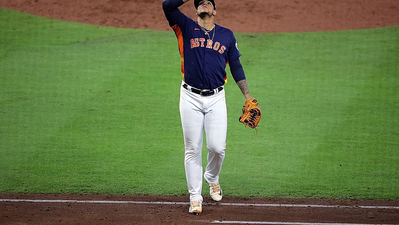 Oct 16, 2023; Houston, Texas, USA; Houston Astros relief pitcher Bryan Abreu (52) reacts in the eighth inning against the Texas Rangers during game two of the ALCS for the 2023 MLB playoffs at Minute Maid Park. Mandatory Credit: Erik Williams-USA TODAY Sports