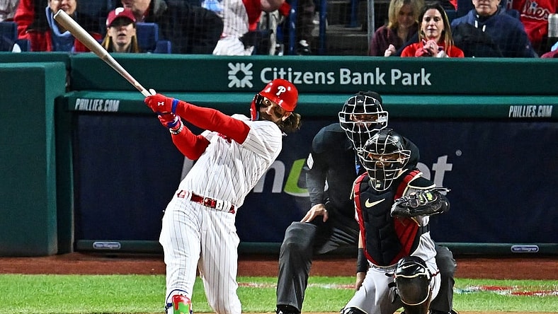 Oct 16, 2023; Philadelphia, Pennsylvania, USA; Philadelphia Phillies first baseman Bryce Harper (3) hits a solo home run during the first inning against the Arizona Diamondbacks in game one of the NLCS for the 2023 MLB playoffs at Citizens Bank Park. Mandatory Credit: Kyle Ross-USA TODAY Sports
