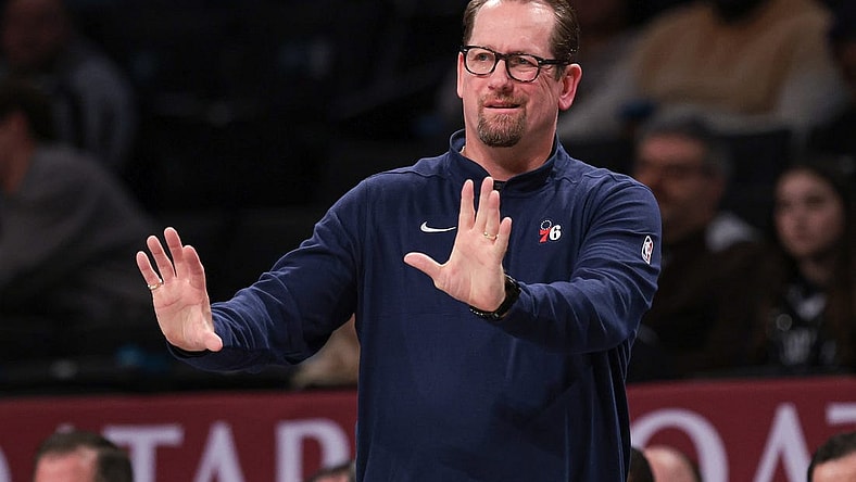 Oct 16, 2023; Brooklyn, New York, USA; Philadelphia 76ers head coach Nick Nurse reacts during the second half against the Brooklyn Nets at Barclays Center. Mandatory Credit: Vincent Carchietta-USA TODAY Sports