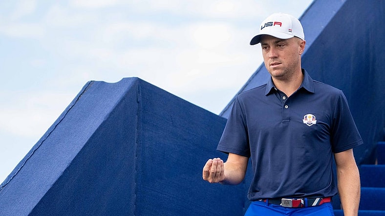 September 25, 2023; Rome, ITALY; Team USA golfer Justin Thomas jokes while walking to the driving range prior to the start of the Ryder Cup golf competition at Marco Simone Golf and Country Club. Mandatory Credit: Kyle Terada-USA TODAY Sports