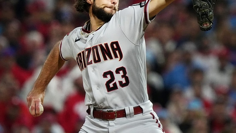 Arizona Diamondbacks Zac Gallen (23) pitches against the Philadelphia Phillies during their NLCS game at Citizens Bank Park in Philadelphia on Oct. 16, 2023.