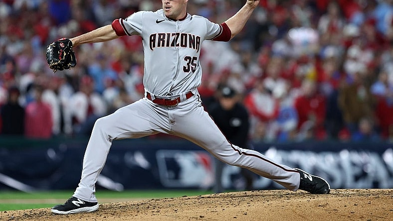 Oct 17, 2023; Philadelphia, Pennsylvania, USA; Arizona Diamondbacks relief pitcher Joe Mantiply (35) throws a pitch against the Philadelphia Phillies in the sixth inning for game two of the NLCS for the 2023 MLB playoffs at Citizens Bank Park. Mandatory Credit: Bill Streicher-USA TODAY Sports